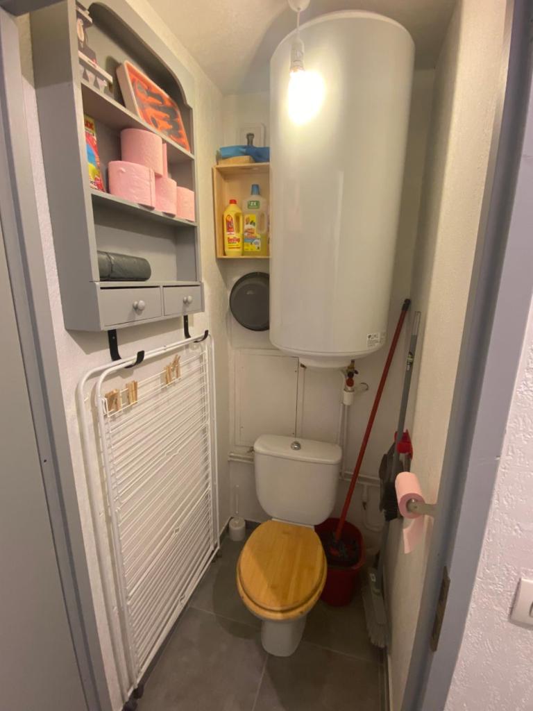 une petite salle de bain avec toilettes et lavabo dans l'établissement Chaleureux appartement rénové ambiance chalet, à Praz-sur-Arly 14 autres photos