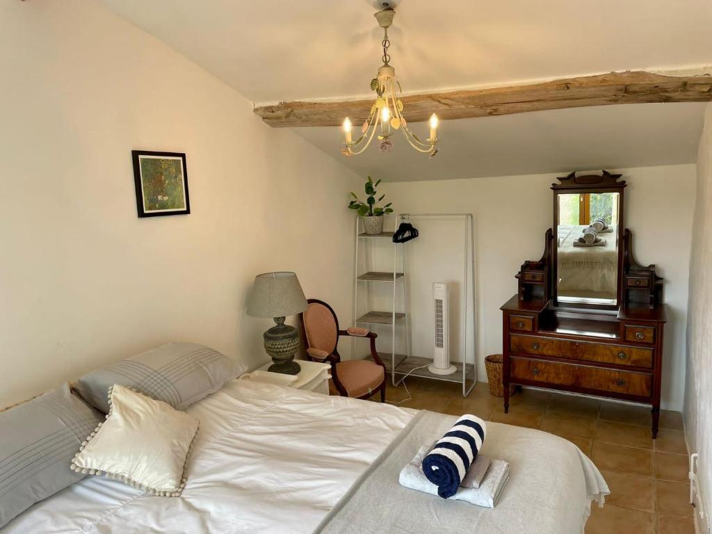 une chambre avec un lit, une commode et un miroir dans l'établissement Tranquil 1 Bed Gite Walking Distance to Eymet, à Eymet 13 autres photos