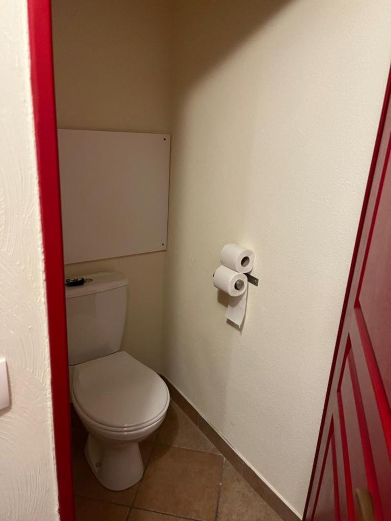 une salle de bain avec des toilettes et un rouleau de papier toilette dans l'établissement Les alpages location appartement 108, à Lanslebourg-Mont-Cenis 6 autres photos