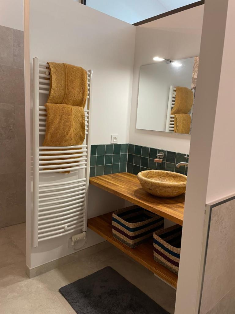 une salle de bain avec un lavabo, un miroir et des serviettes dans l'établissement Les Néfliers Gîte, à Céreste