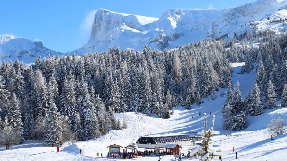un lodge de ski sur une montagne enneigée avec des arbres enneigés dans l'établissement STUDIO COCOONING SUPERDEVOLUY PIED DES PISTES, à Saint-Étienne-en-Dévoluy