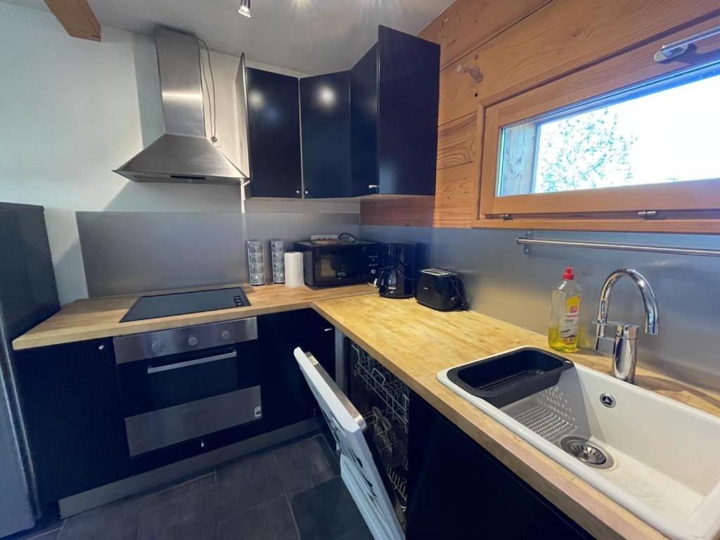 une petite cuisine avec un évier et une fenêtre dans l'établissement Appartement 4 chambres avec grande terrasse, à Les Deux Alpes 8 autres photos