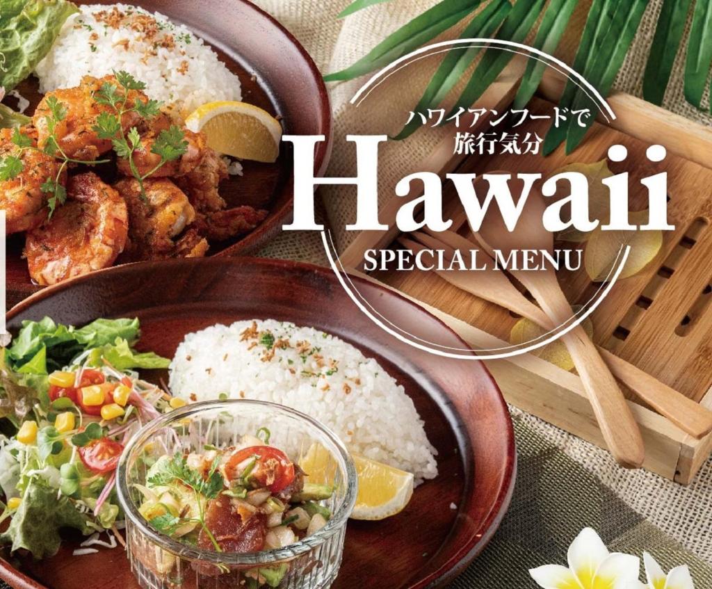 deux assiettes de nourriture avec du riz et une salade dans l'établissement ホテル チャペルココナッツ 亀山, à Kameyama