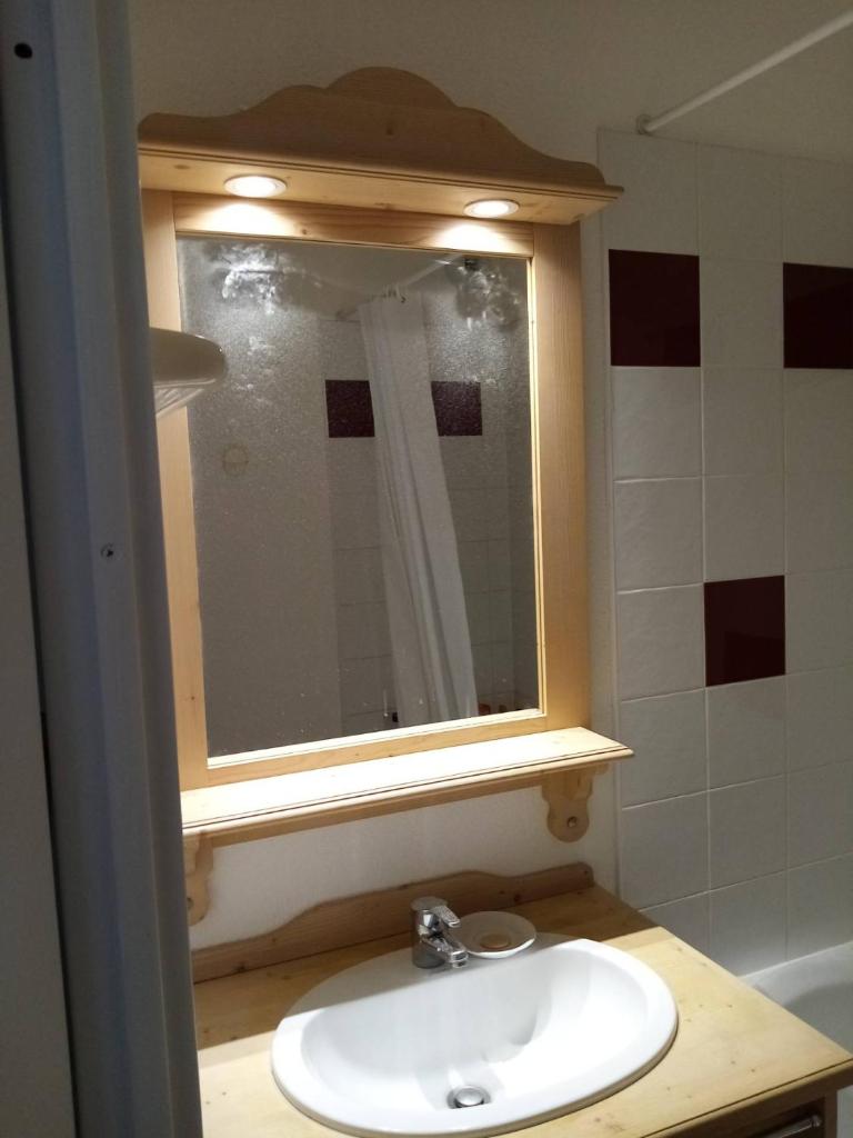 une salle de bain avec un lavabo et un miroir dans l'établissement Espace et confort de 45 m2 dans station familiale à 1800, à Puy-Saint-Vincent