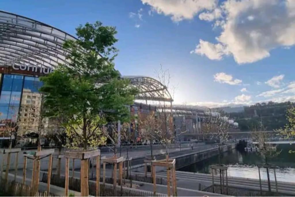 un stade avec un arbre devant un bâtiment dans l'établissement Appartement dans Péniche atypique et idyllique à Confluence, à Lyon 9 autres photos