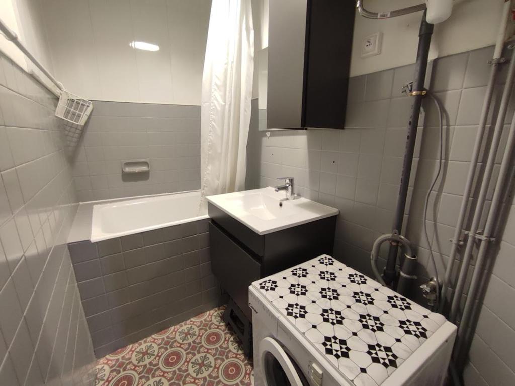 une salle de bain avec un lavabo et une machine à laver dans l'établissement Les 3 renards, T2 bis, parking, centre Luchon, casier à skis, 4 personnes, à Luchon
