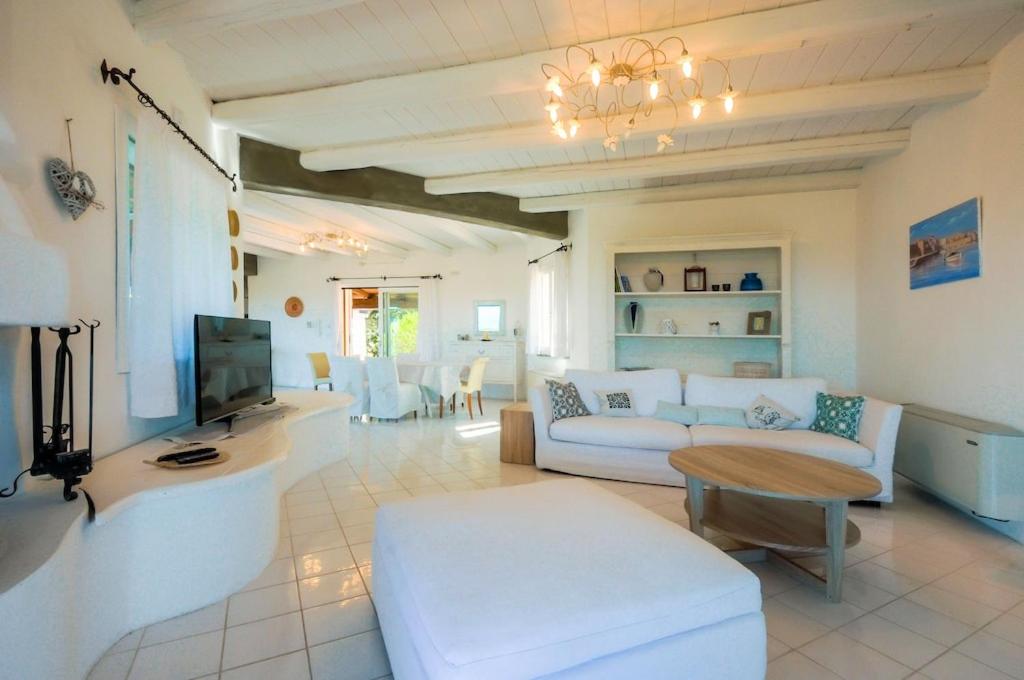 un salon avec un canapé et une télévision dans l'établissement Villa Emmeline fronte mare 5 camere 6 bagni infinity pool WiFi per 12 persone, à Alghero