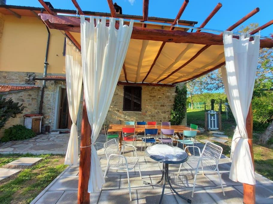 un patio avec une table et des chaises sous une pergola dans l'établissement Podere La Machiusa - Villa with pool, à Villa