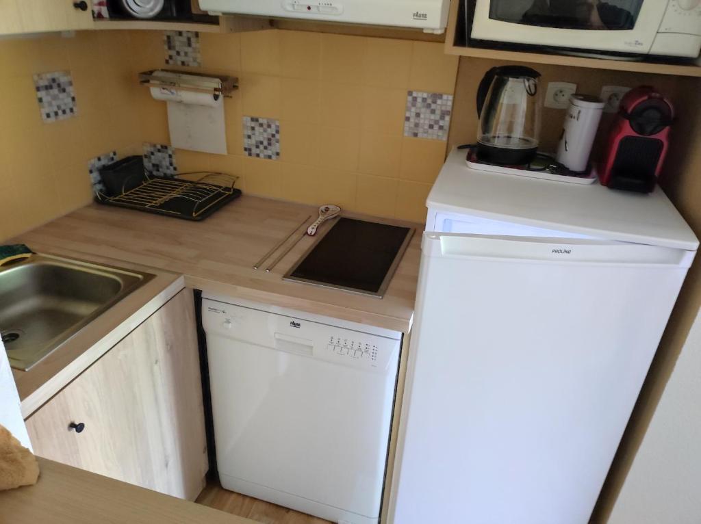 Elle comprend une petite cuisine équipée d'un réfrigérateur blanc et d'un évier. dans l'établissement T3 cosy au Jardin du Ramel, à Luchon
