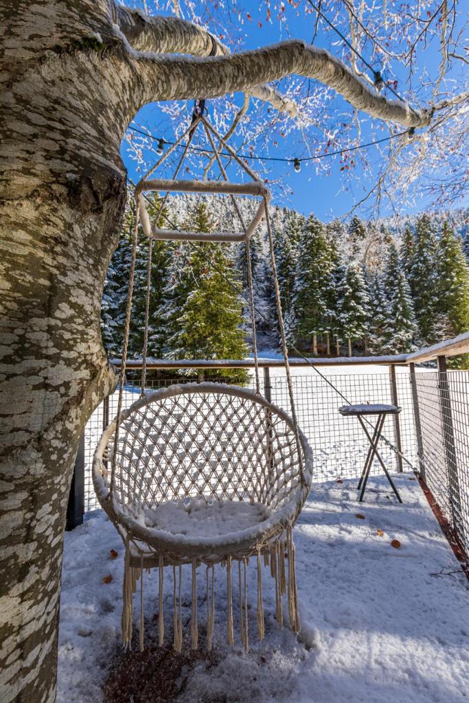 une balançoire suspendue à un arbre dans la neige dans l'établissement Cabane perchée La Résilience sur le plateau du Vercors, à Autrans