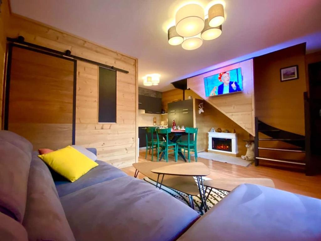 un salon avec un canapé et une télévision dans l'établissement Duplex rénové - 3 CHAMBRES 8 PERS dernier étage, aux Orres