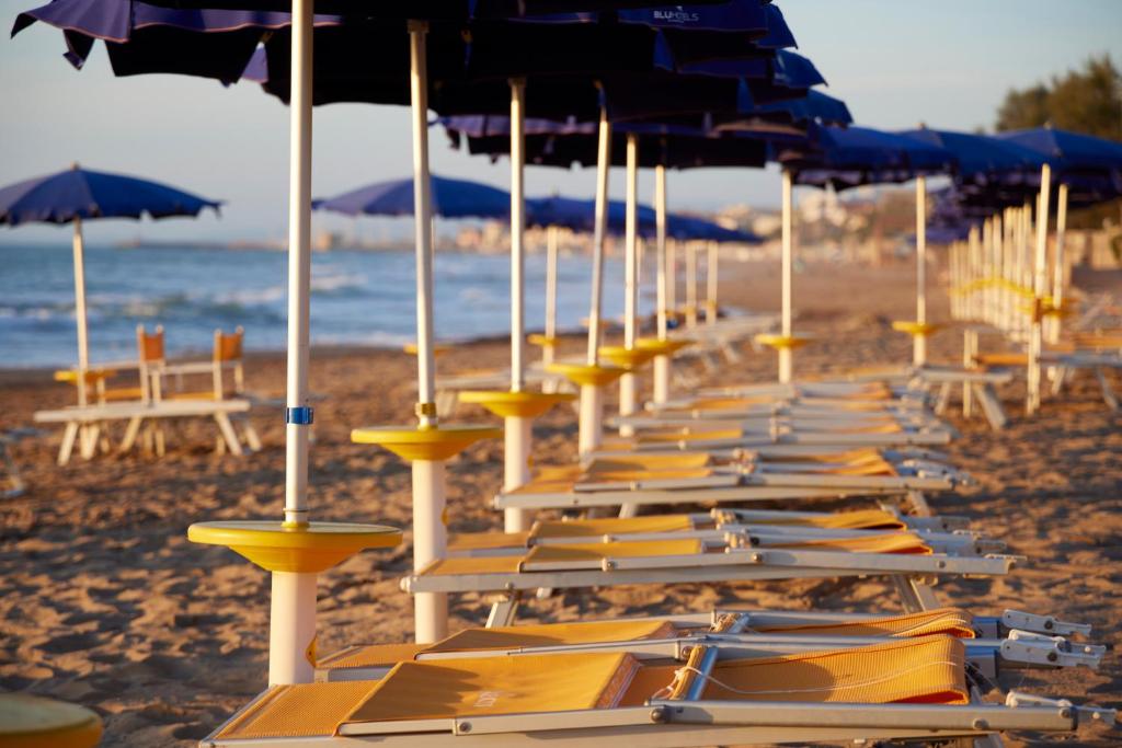 une rangée de chaises et de parasols sur une plage dans l'établissement Park Hotel I Lecci, à San Vincenzo