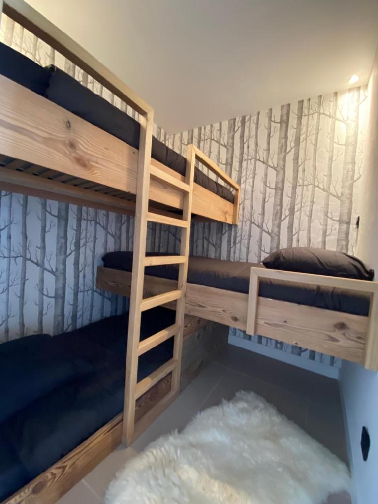 une chambre avec deux lits superposés et une échelle dans l'établissement Le Marlou, à La Toussuire