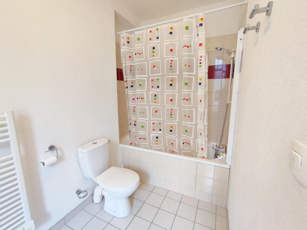 une salle de bain avec toilettes et douche dans l'établissement La petite ourse, T2, centre Luchon, wifi, casier à skis, ascenseur, 4 personnes, à Luchon
