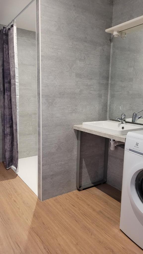 une salle de bain avec un lavabo et une machine à laver dans l'établissement Gite le Petit Doué, à Noirlieu 4 autres photos