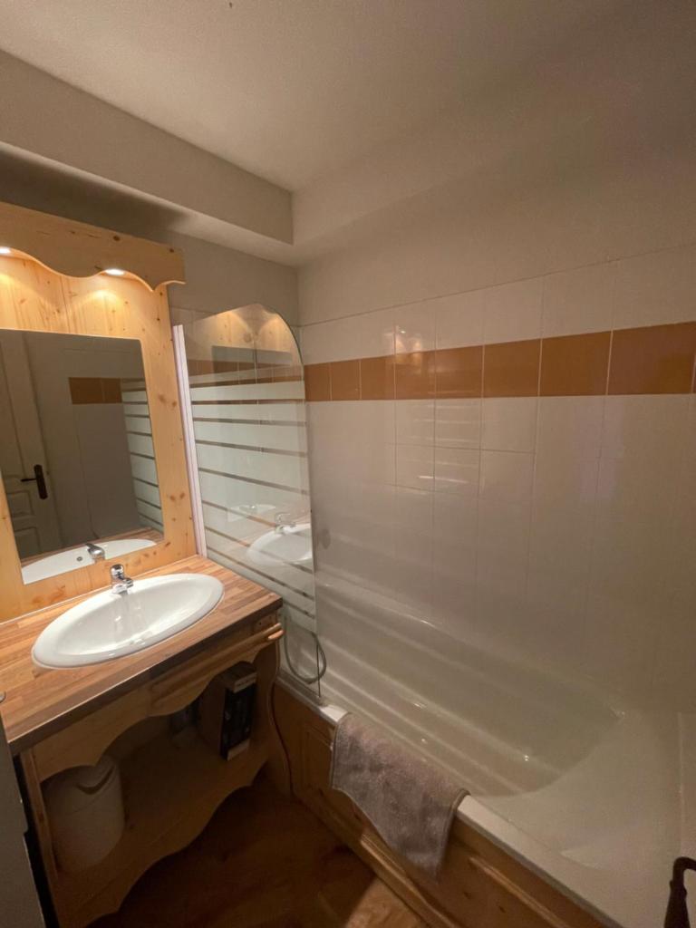 une salle de bain avec un lavabo, une baignoire et un miroir dans l'établissement Balcon de Recoin 2 Personnes, à Chamrousse