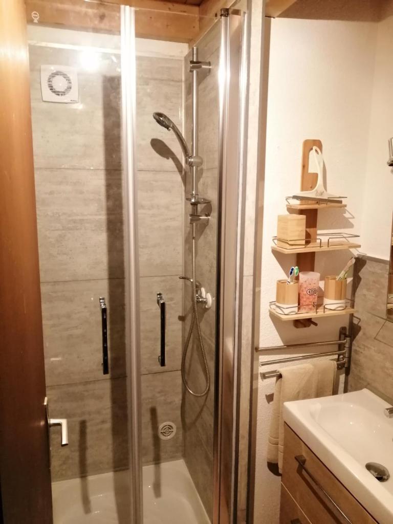 une salle de bain avec douche et lavabo dans l'établissement Maison de vacances dans les hauteurs de Salavas, à Salavas