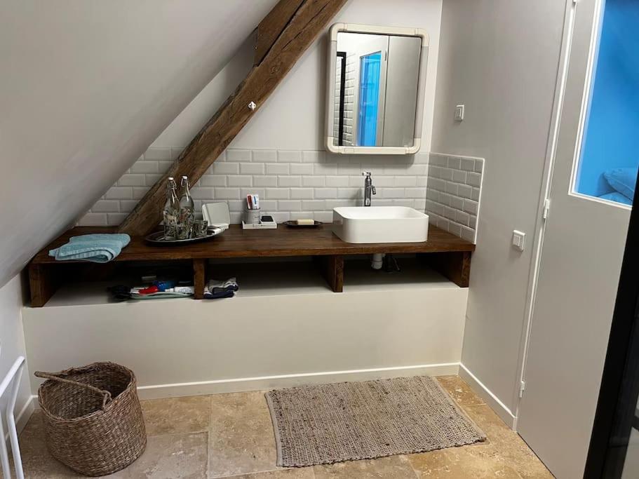 une salle de bain avec un lavabo et un miroir au mur dans l'établissement Gîte des 3 Marchands, à Buzançais