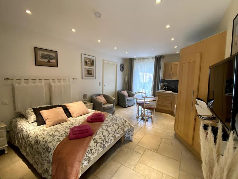 une chambre avec un lit et un salon dans l'établissement Gîte Le Nathalie Meublé de tourisme 4 étoiles Le Moulin de Prédelles, à Reillanne