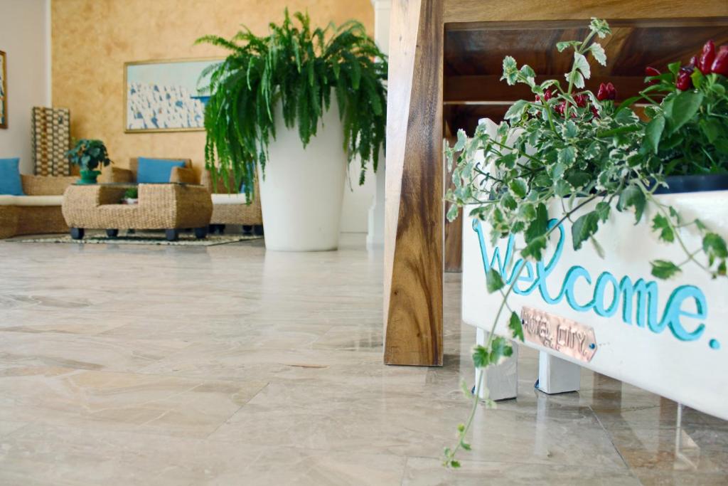 - un hall avec des plantes en pot et un panneau de bienvenue dans l'établissement Hotel City, à Milano Marittima 59 autres photos