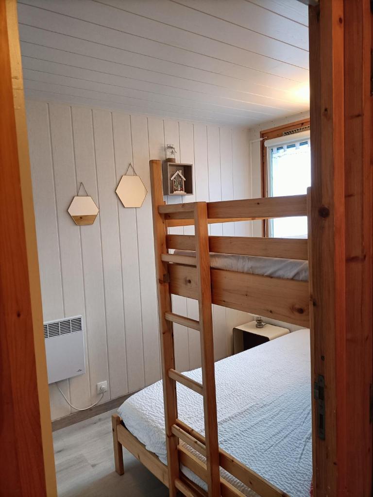 une chambre avec deux lits superposés et une échelle dans l'établissement Appartement 5 pers Plagne village, à La Plagne