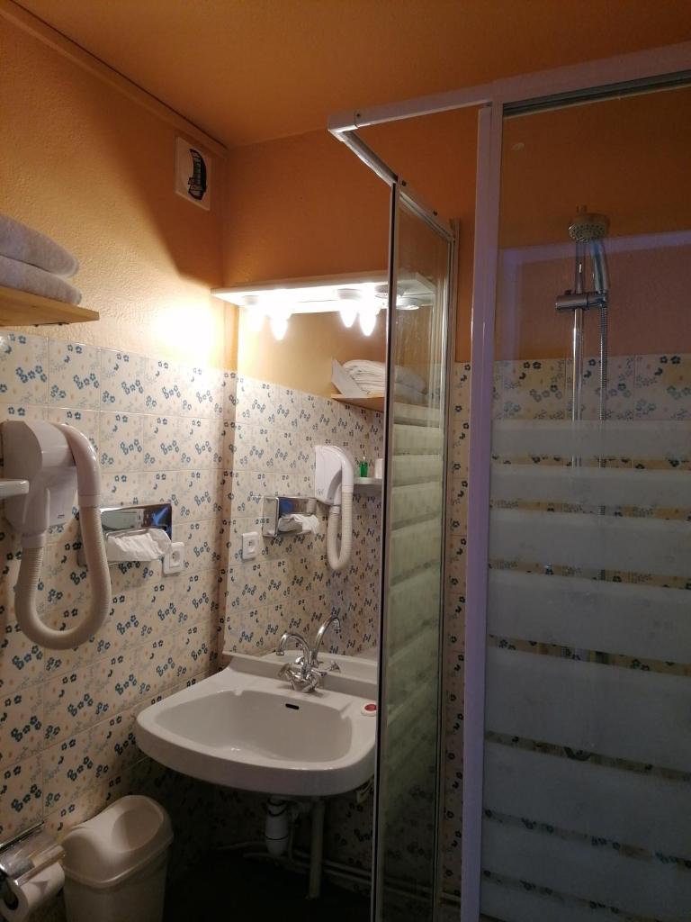une salle de bain avec un lavabo et une douche dans l'établissement Hôtel Le Lievre Blanc, à Vars