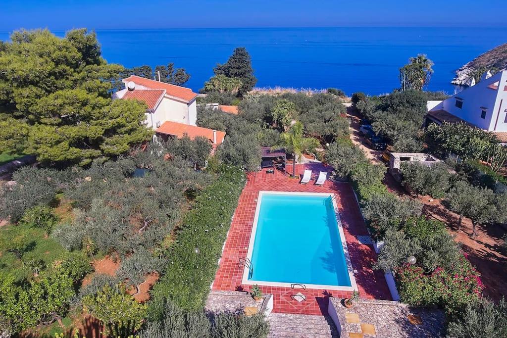 une vue aérienne d'une maison avec piscine dans l'établissement Villa Maravigghia, à Castellammare del Golfo