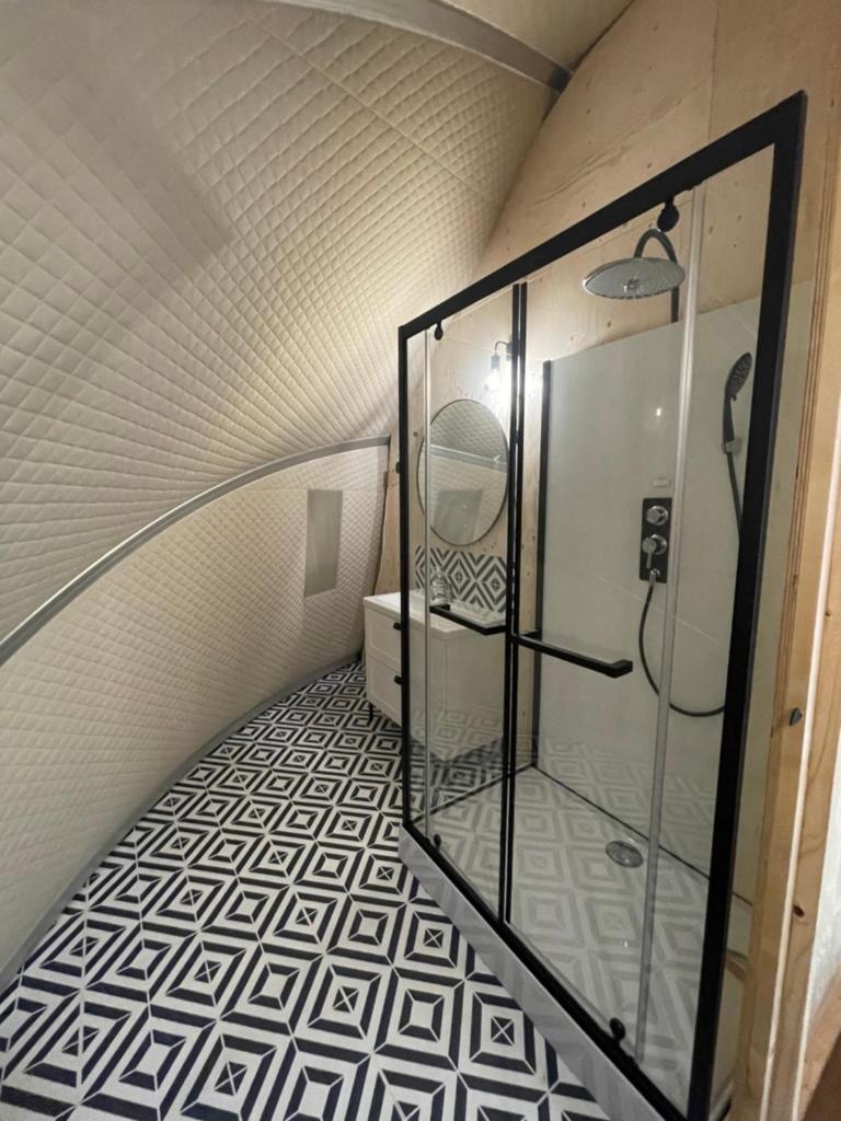 une salle de bain avec une douche à l'italienne et une porte vitrée dans l'établissement Camping Moulin De Chaules, à Saint-Constant