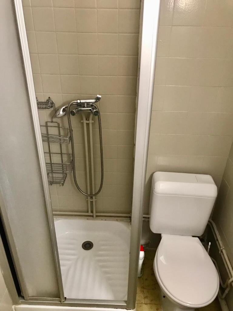 une petite salle de bain avec toilettes et douche dans l'établissement SuperDévoluy, Résidence le Bois D'Aurouze, à Saint-Étienne-en-Dévoluy