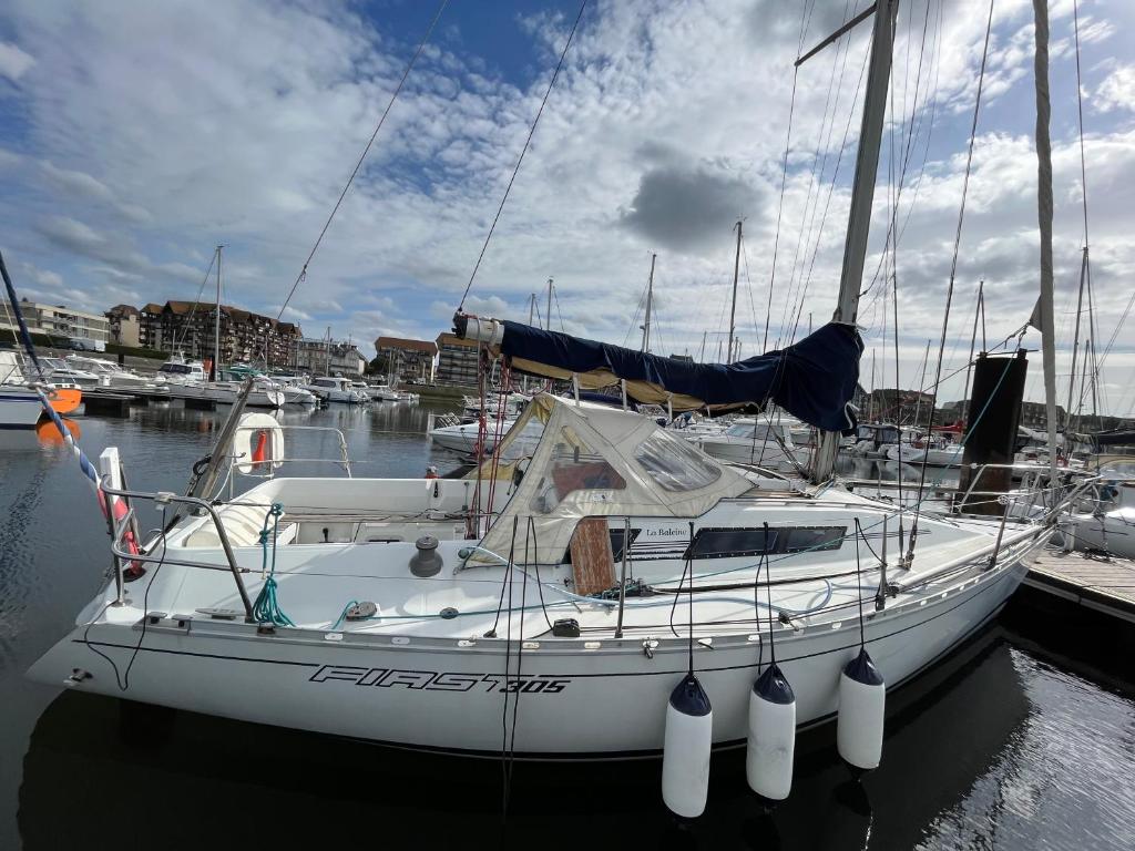 un bateau blanc amarré à un quai dans l'eau dans l'établissement Voilier Loc Han, à Deauville