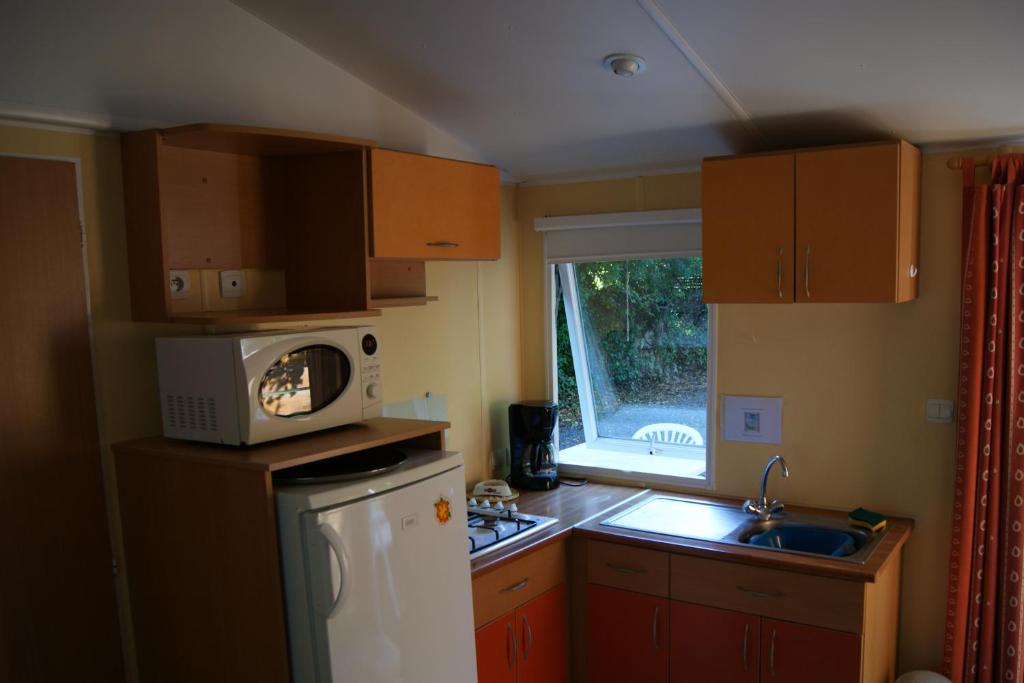 une petite cuisine avec un micro-ondes et un réfrigérateur dans l'établissement Camping le Chambron, à Condorcet