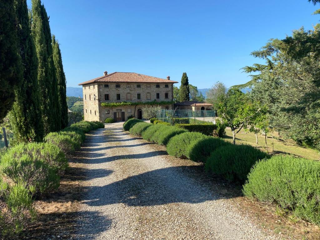 une route menant à un grand bâtiment avec des buissons dans l'établissement Palazzo Prugnoli, Monte Santa Maria Tiberina, 8 Bedroom villa with private pool & superb views, à Pérouse