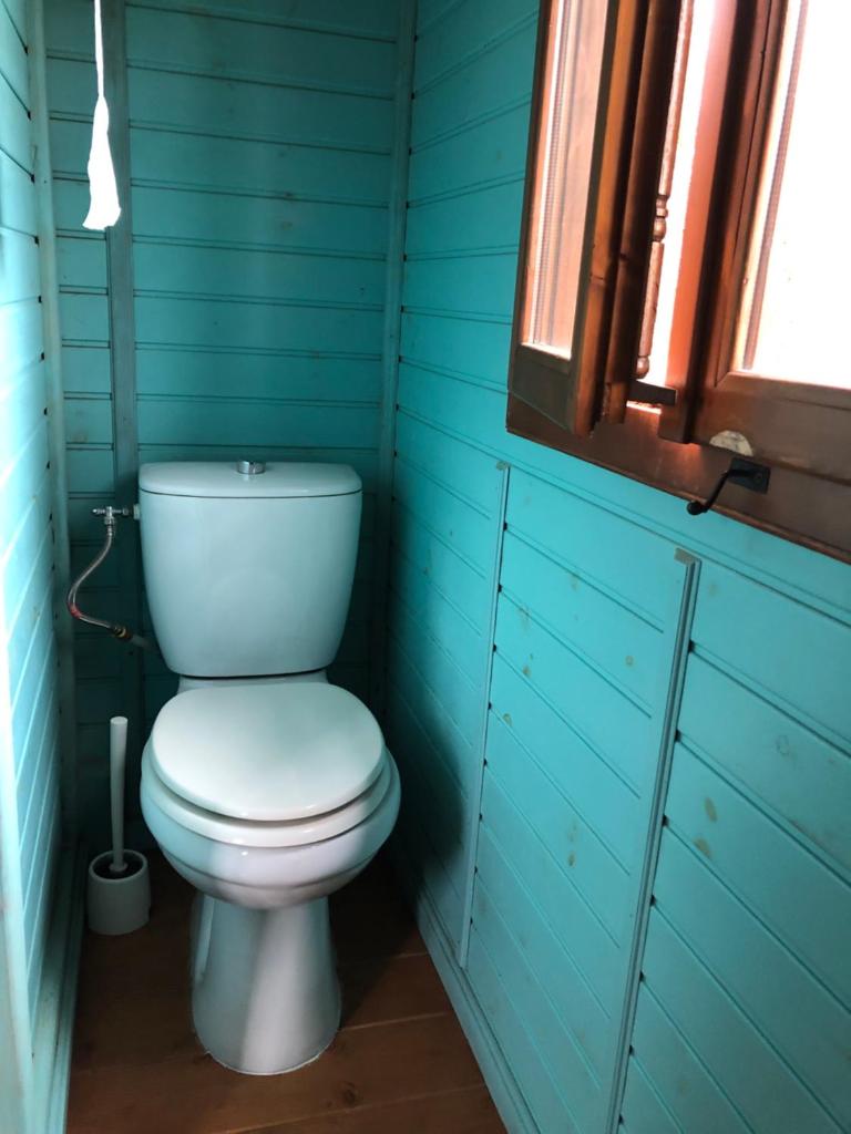 La salle de bains est pourvue de toilettes blanches dans une pièce bleue. dans l'établissement ROULOTTE CAPUCINE, à Ablon 13 autres photos