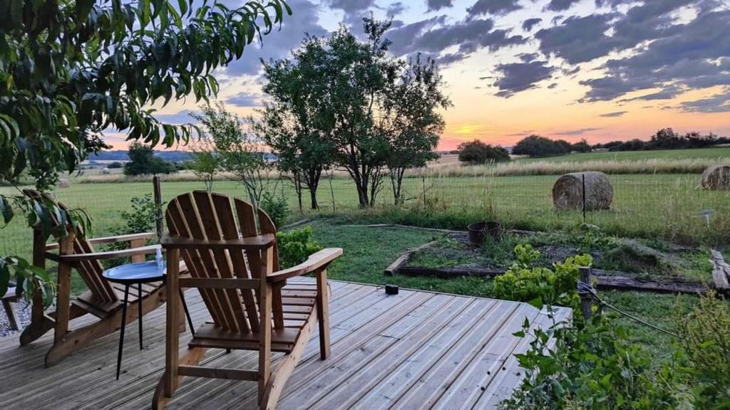 deux chaises assises sur une terrasse en bois avec vue sur un champ dans l'établissement Le Dôme Aux Oiseaux, à Bérig-Vintrange
