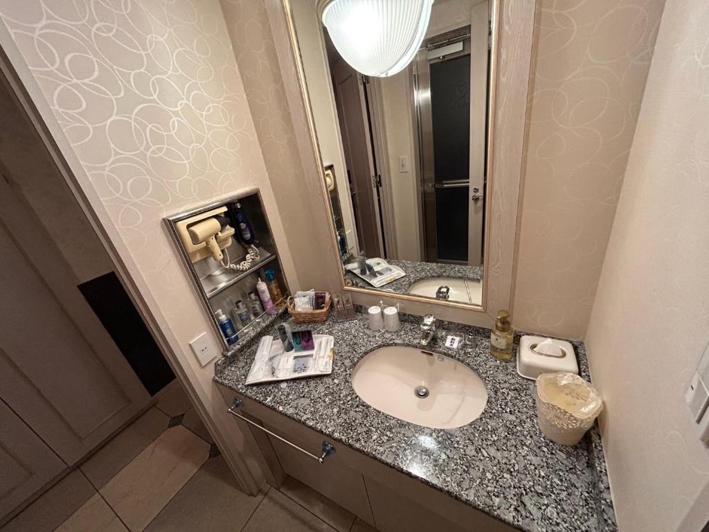 une salle de bain avec un lavabo et un miroir dans l'établissement hotel purpleeye, à Osaka