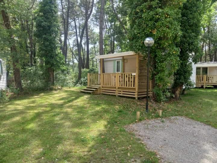 une petite cabine dans une cour avec une terrasse couverte dans l'établissement Famille Peeters, à Camiers