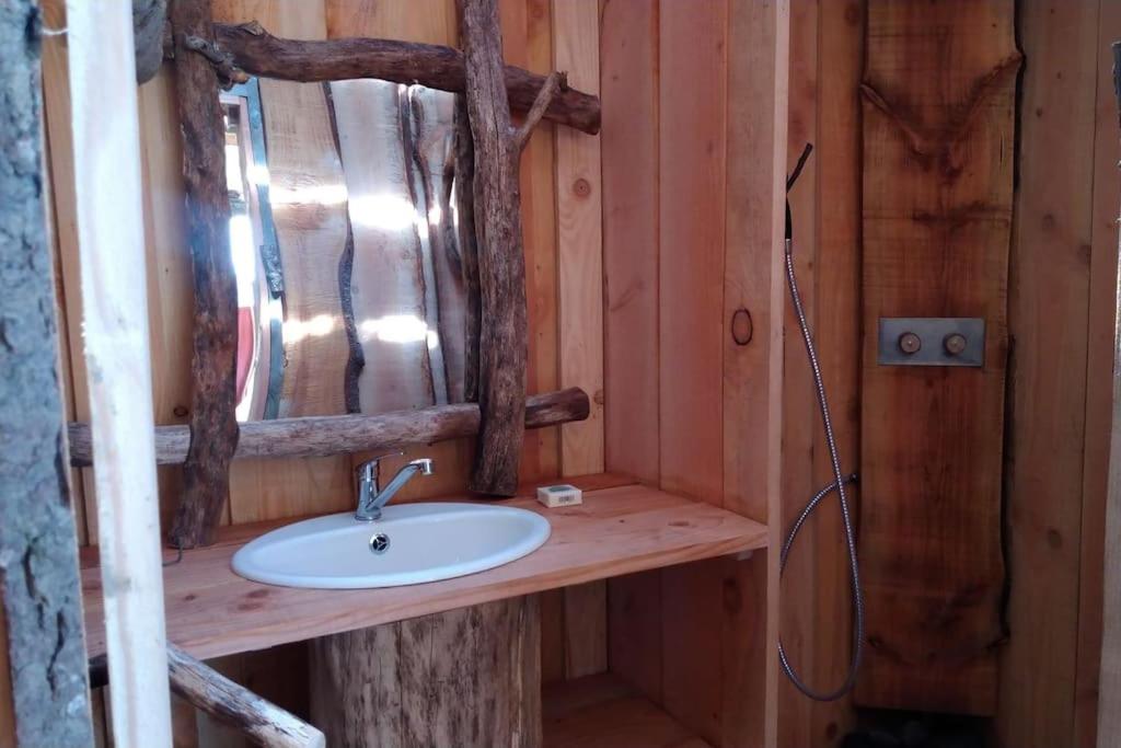 une salle de bain avec un lavabo et un miroir dans l'établissement Cabane aux papillons, à Saint-Éloy-les-Tuileries