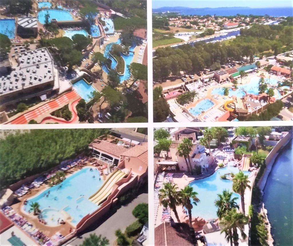 un collage de quatre photos d'un parc aquatique dans l'établissement Mobil Home 6/8 Places vue dégagée, au Muy