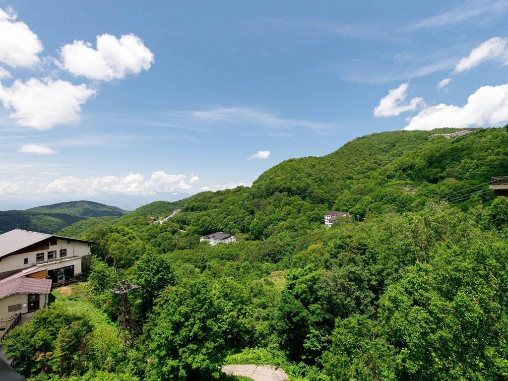 - une vue sur la montagne avec ses maisons et ses arbres dans l'établissement Hotel Iwasuge, à Yamanouchi