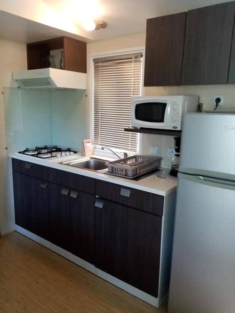 La cuisine est équipée d'un réfrigérateur blanc et d'un four micro-ondes. dans l'établissement La Roque d'Anthéron - Mobile-home - 6 pers - 3 ch - Piscine, à La Roque-dʼAnthéron 8 autres photos
