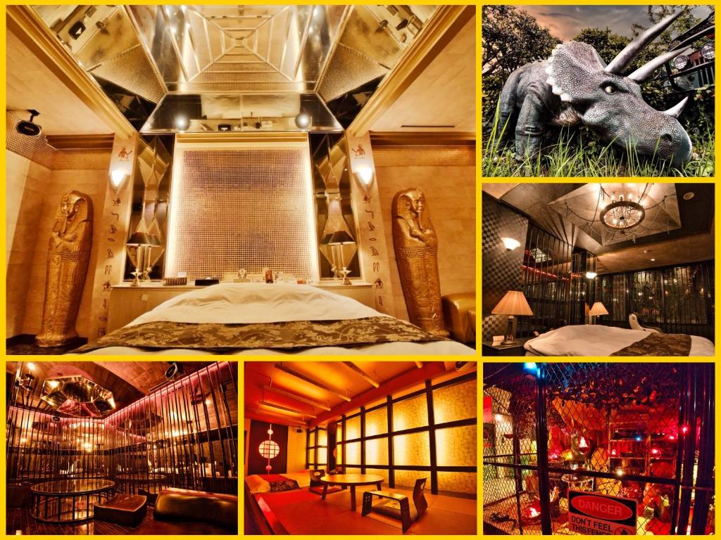 un collage de photos d'un hôtel avec une chambre dans l'établissement SKY JZauruss バズるホテル ,Dinosaur Love Hotel, à Beppu