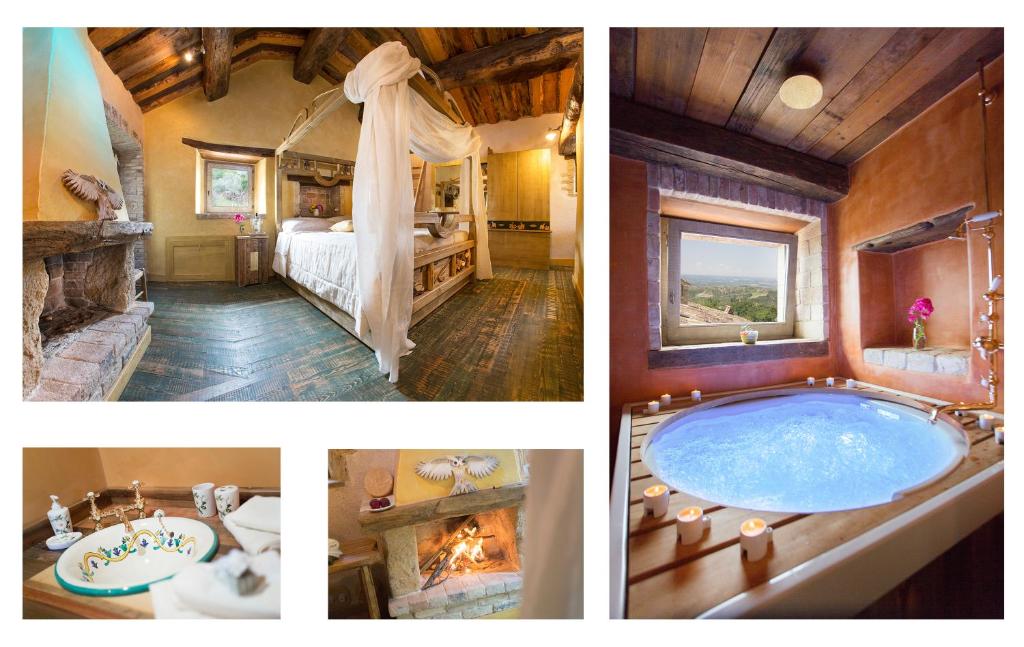 un collage de trois photos d'une salle de bains avec baignoire dans l'établissement Luxury villa Colle dell'Asinello ,proprietari ,Villa In esclusiva near ORVIETO, à Guardea
