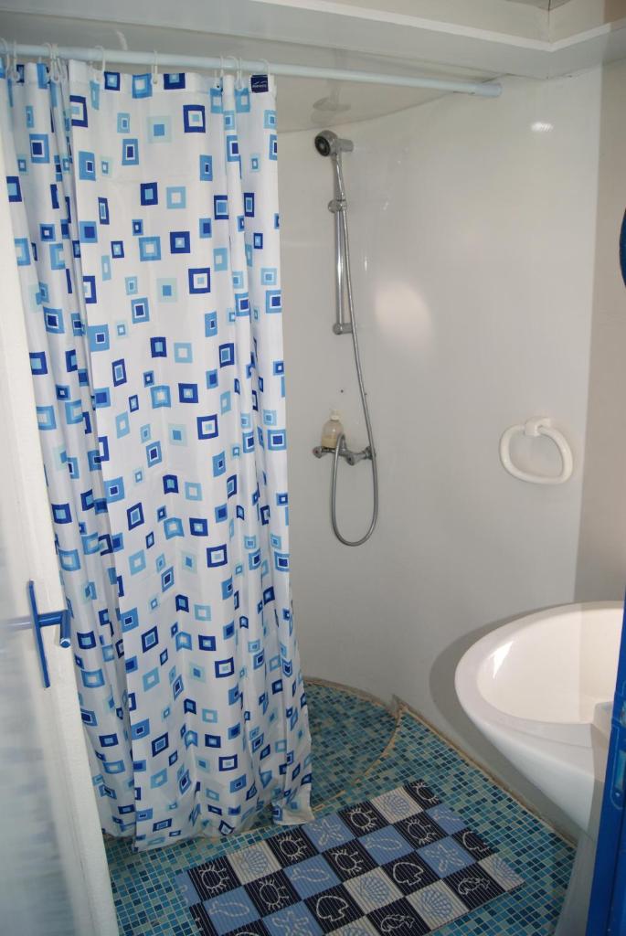 La salle de bains est pourvue d'un rideau de douche et d'une baignoire. dans l'établissement Maison flottante sur la seille, à Cuisery