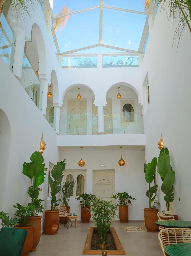 une chambre avec des plantes en pot et un plafond en verre dans l'établissement Riad Dar Blanche & Spa, à Marrakech