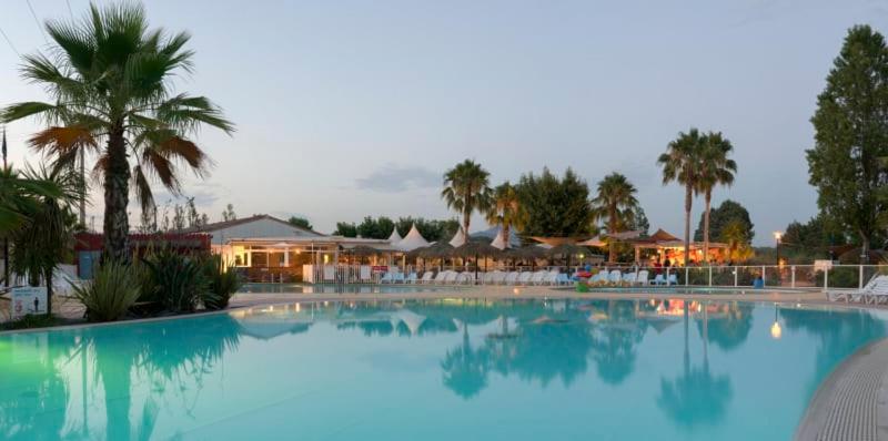 une grande piscine bleue avec des chaises et des palmiers dans l'établissement Camping Officiel Siblu le Montourey, à Fréjus
