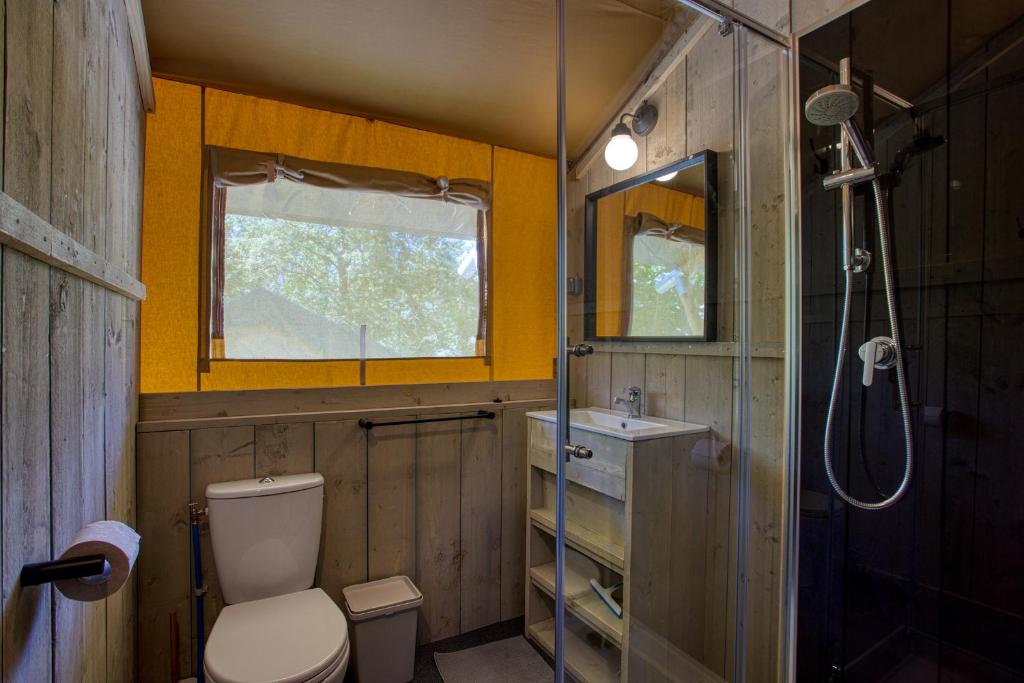 une salle de bain avec toilettes, lavabo et douche dans l'établissement Camping le Clou, à Coux-et-Bigaroque