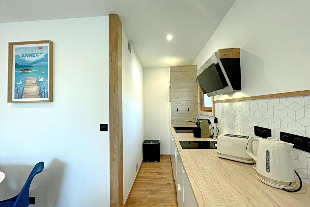 Cette petite chambre comprend une cuisine équipée d'un four micro-ondes. dans l'établissement L'Albigny - Lovely Studio - 150 m beach, à Annecy