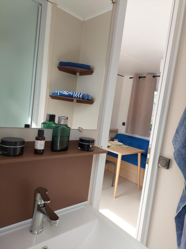 La salle de bains est pourvue d'un lavabo et d'un miroir. dans l'établissement Spacieux mobilhome climatisé 4 P au GRAU du Roi en Camargue, au Grau-du-Roi