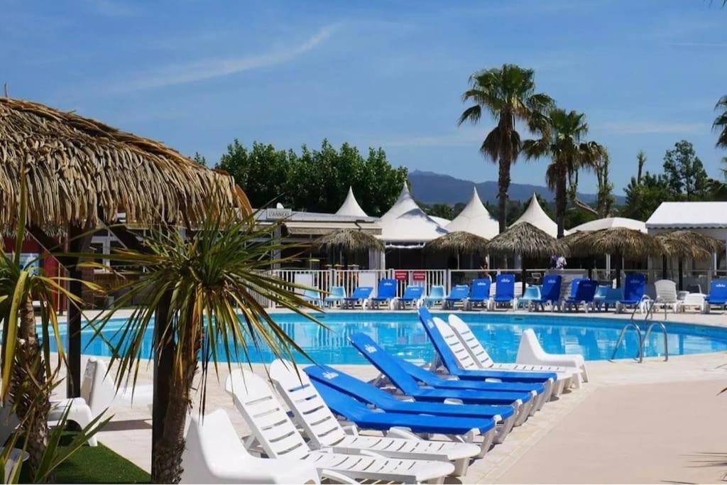 une piscine avec des chaises bleues et blanches et des palmiers dans l'établissement Le Moorea Mobilhome Camping le Montourey 4 étoiles, à Fréjus