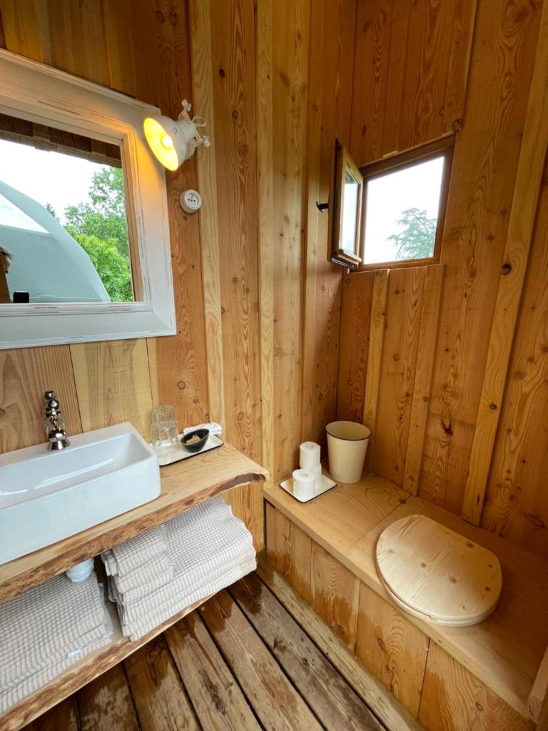 une petite salle de bain avec un lavabo et une fenêtre dans l'établissement Dôme insolite Lichen jacuzzi et petits-déjeuners inclus, à Gondrin